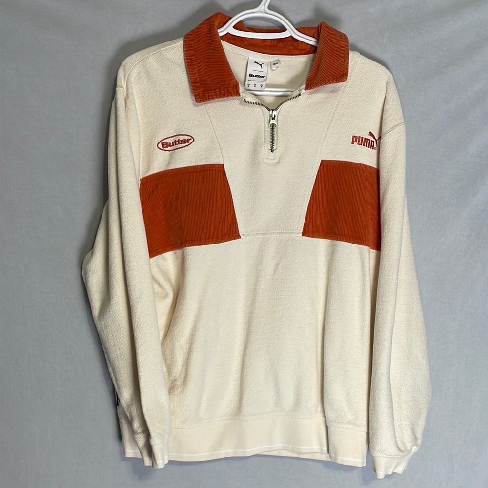 Puma x Butter Goods Cream and Orange Zip Up Sweater Sporty Knit